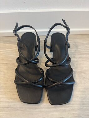 Black Strappy Square-Toe, Block Heel Women's Sandals